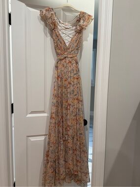 ASTR the Label Floral Lace-Up V-Neck Maxi Dress - Beige Floral